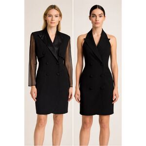 Joseph Ribkoff Black Halter Blazer Dress 2in1 Sheer Overlay Sheer Sleeve Size 10